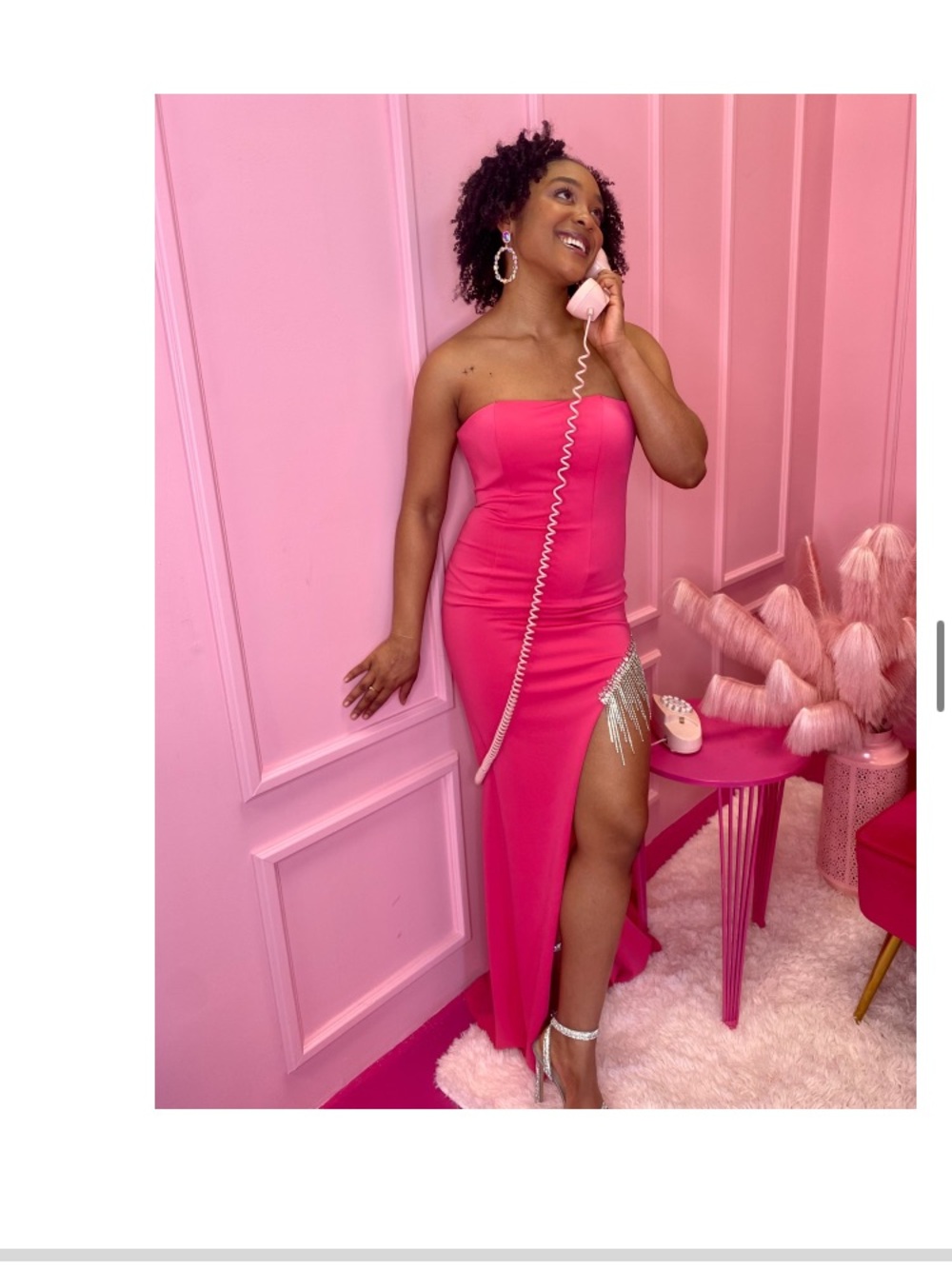 Jovani Strapless Hot Pink Maxi Dress with Beaded Fringe Slit